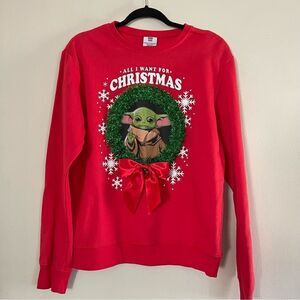 Star Wars Red Baby Yoda Christmas Wreath Long Sleeve T Shirt Size Large